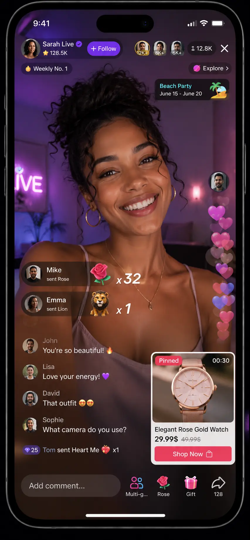Pitch Live live stream screen with gifts and pinned products