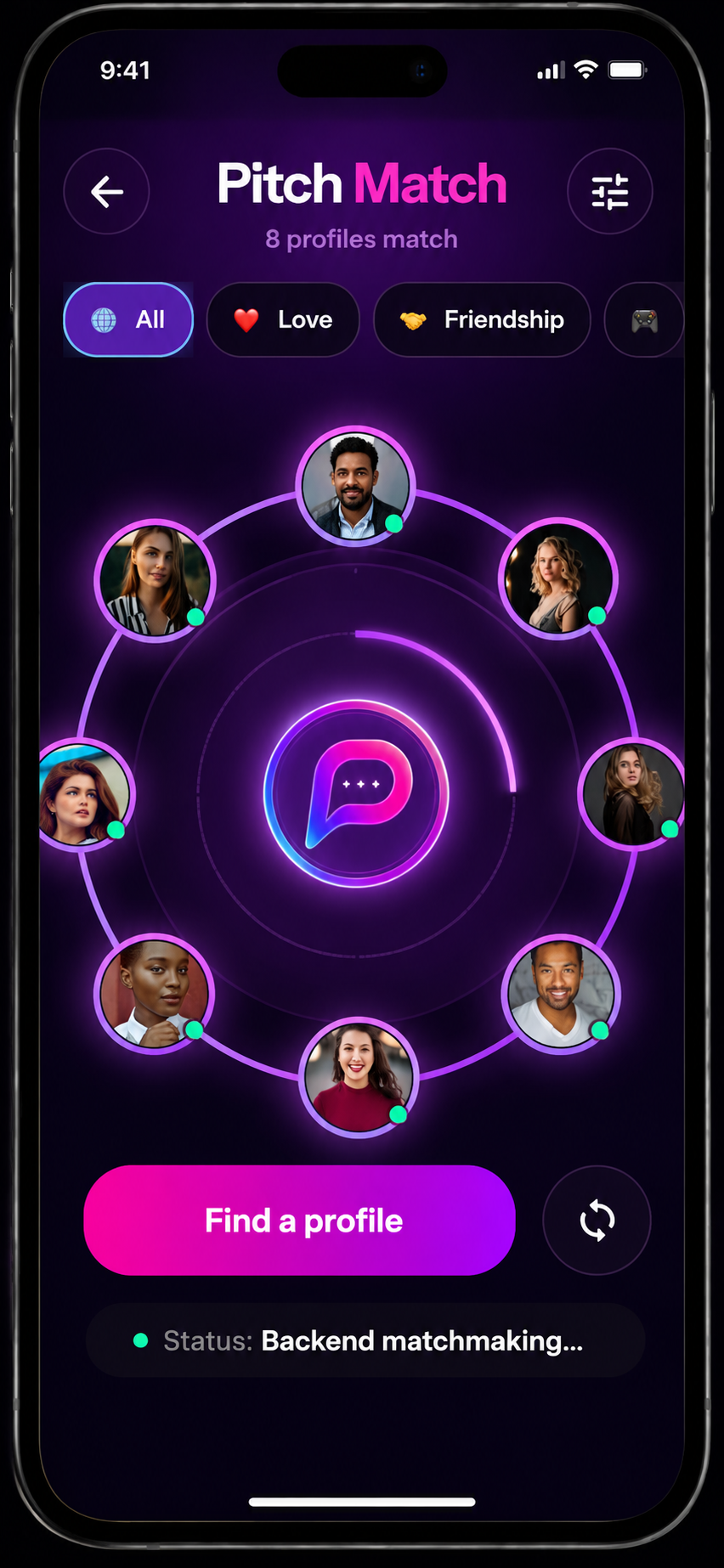 Pitch Match radar screen showing nearby profiles