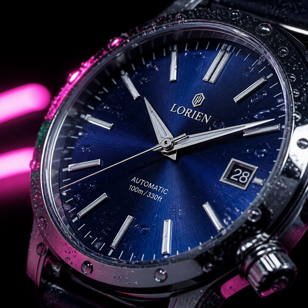 Macro close-up of the midnight blue sunburst dial and silver indices