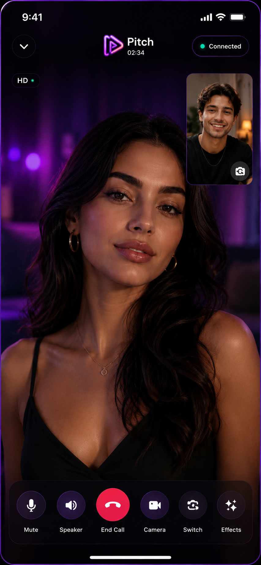 Pitch Live video call screen with HD video, connected status and mute, speaker, camera and effects controls
