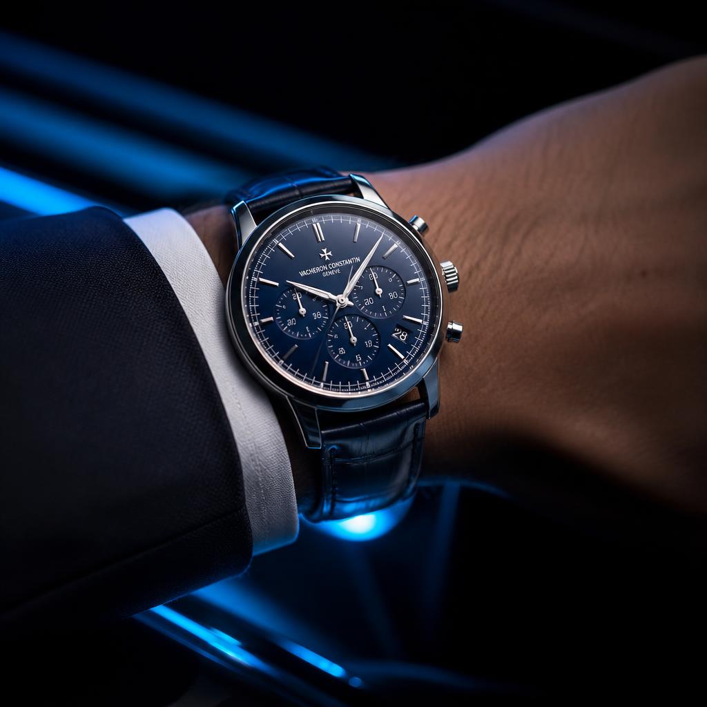 Luxury Watch worn on a wrist with a dark suit sleeve