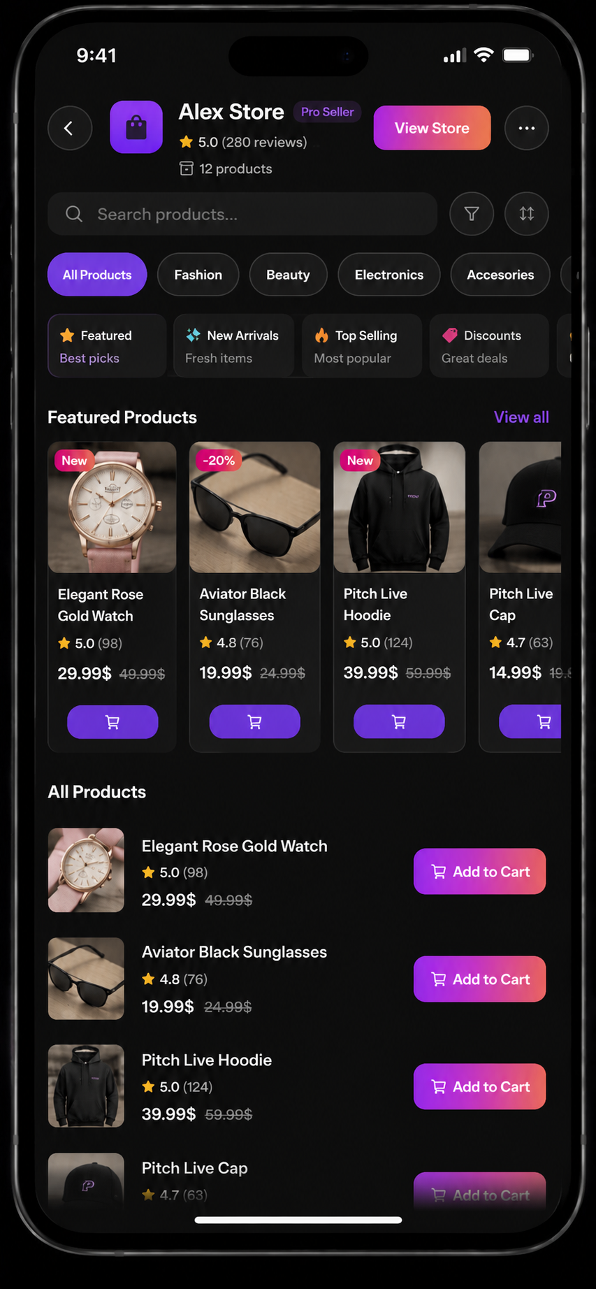 Pitch Live store screen with a dark product grid