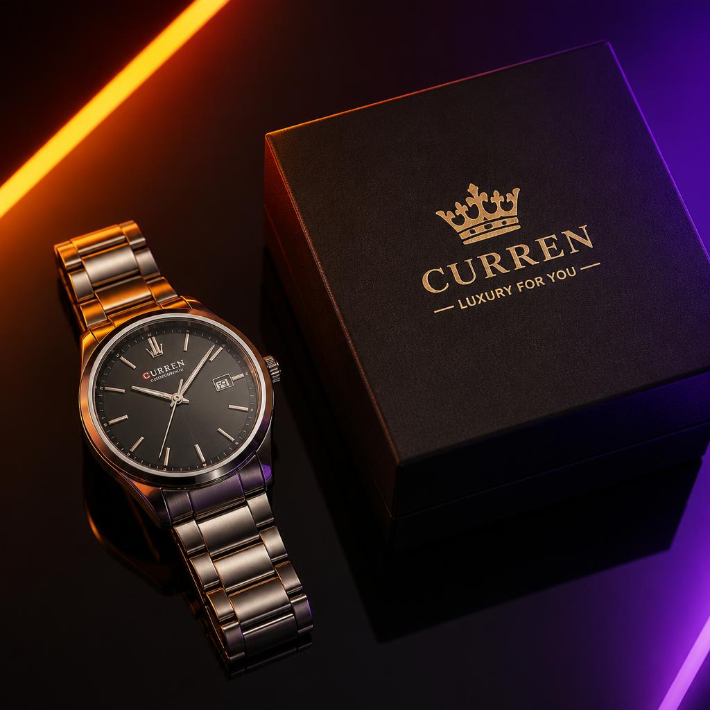 Luxury Watch next to its premium black gift box