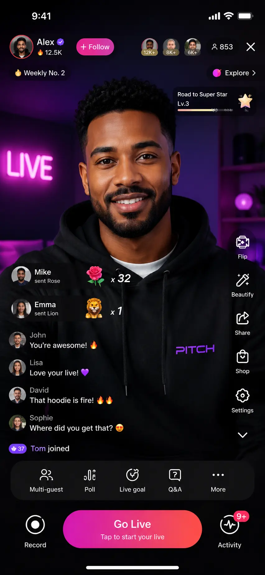 Pitch Live go live setup screen
