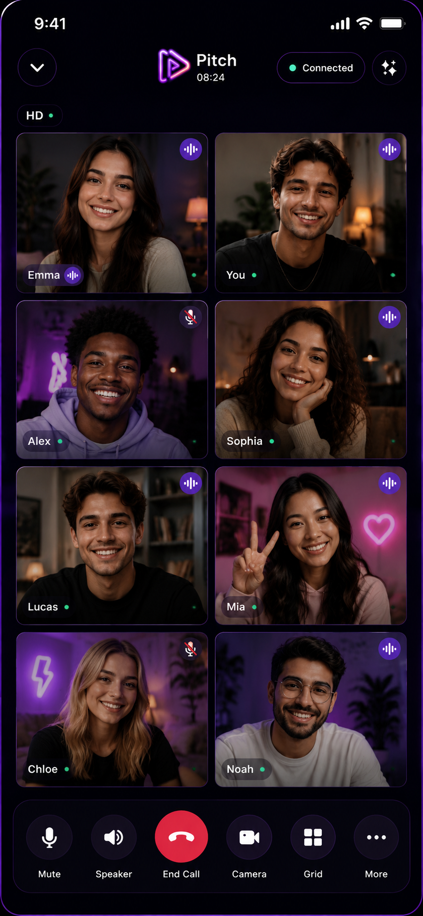 Pitch Live group video call screen showing eight participants in a grid with mute, speaker, end call, camera and grid controls