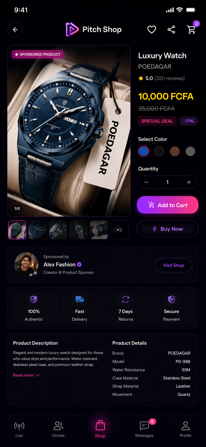 Pitch Shop product details screen showing a luxury watch, creator shop and checkout options