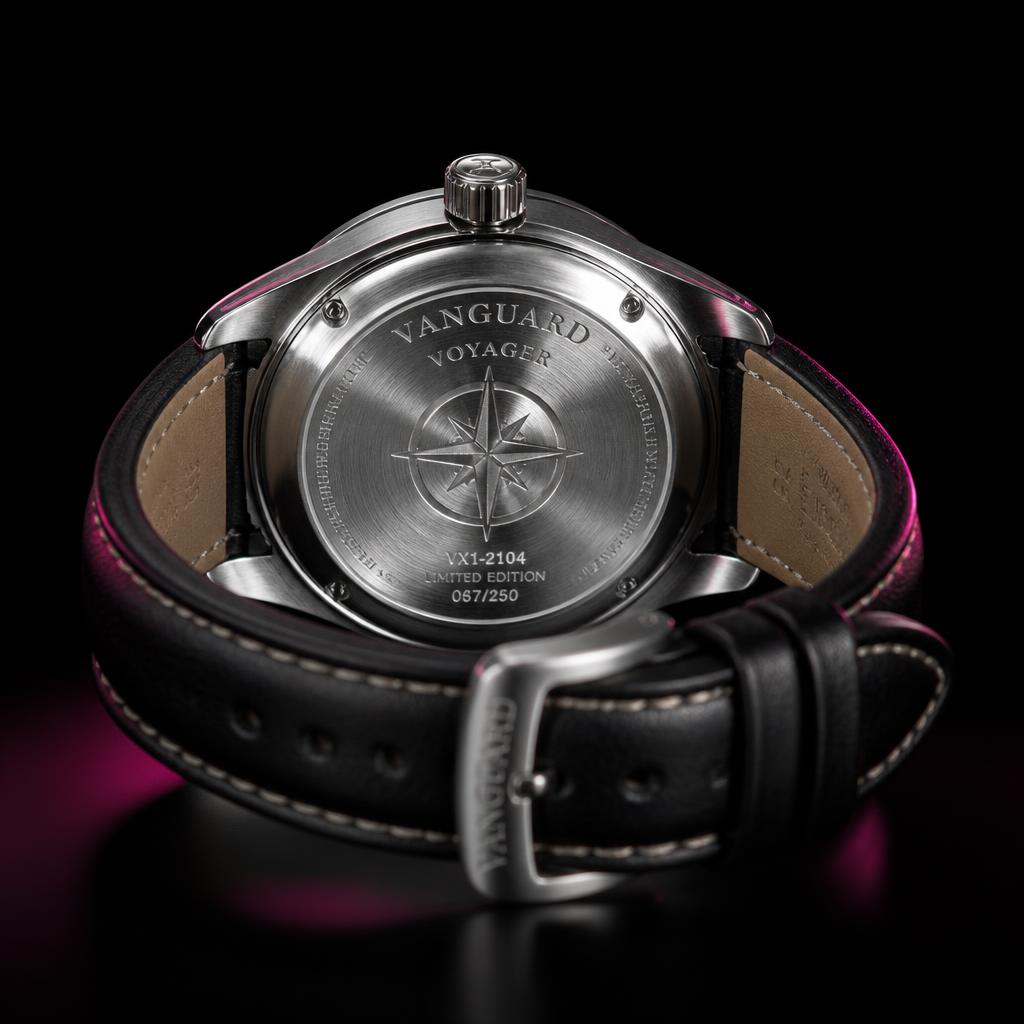 Engraved stainless steel caseback with the leather strap coiled