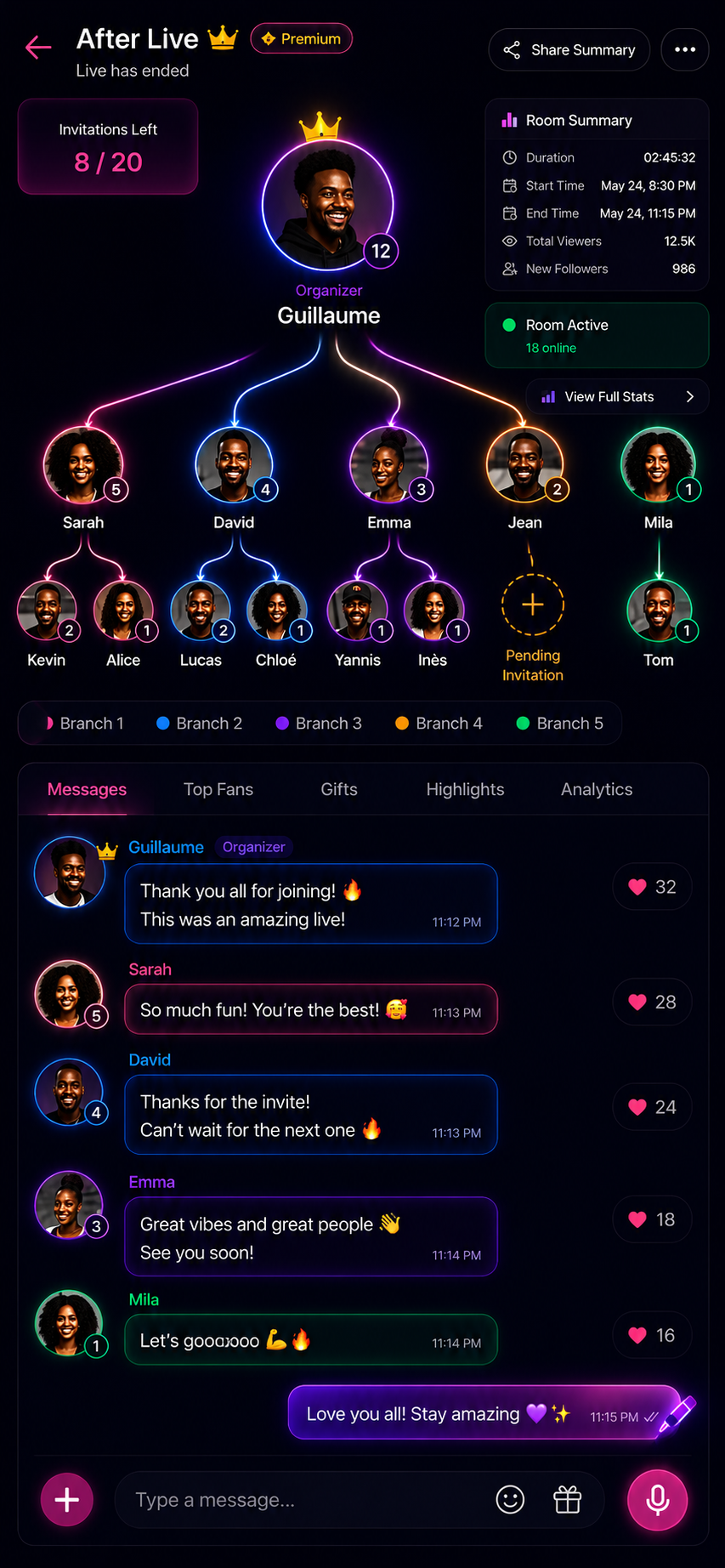 Pitch Live After Live Premium room with organizer, fan tree of top supporters and premium group chat