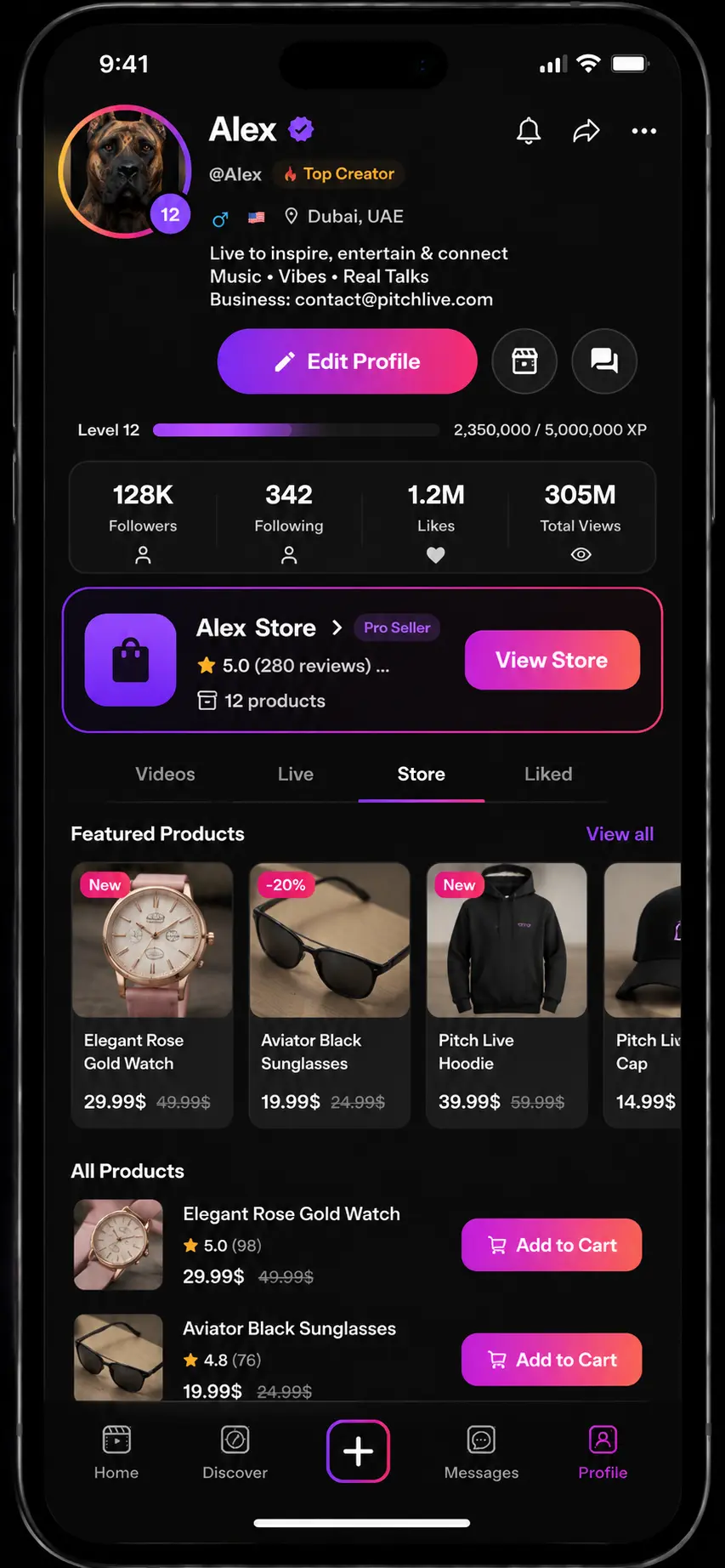 Pitch Live creator profile with followers and shop