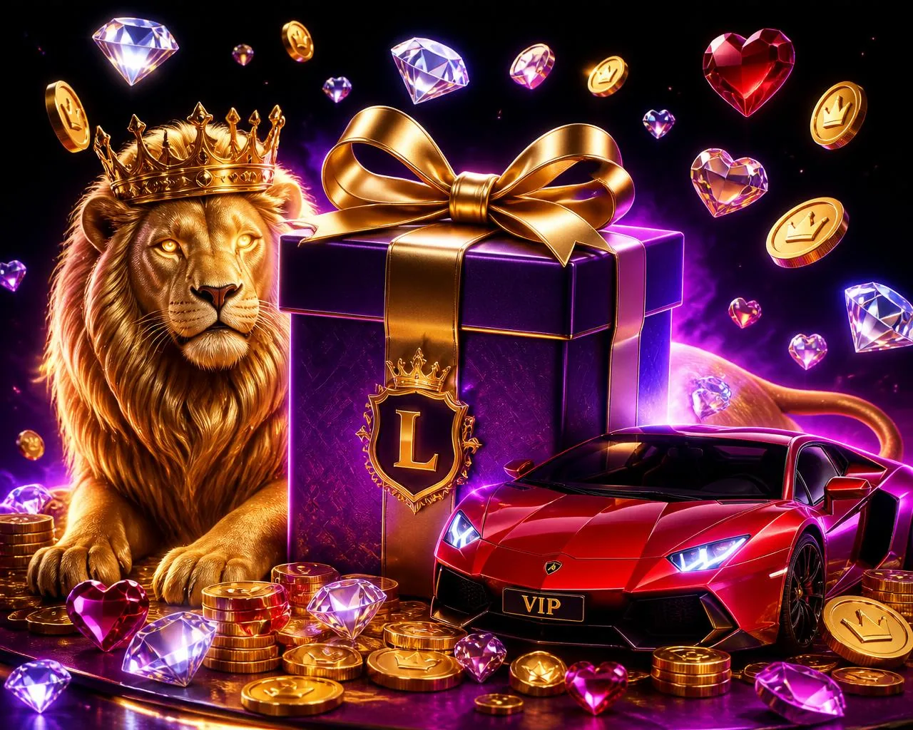 Premium Pitch Live gifts: a purple gift box with gold ribbon, a golden lion and a red sports car surrounded by floating diamonds, hearts and coins